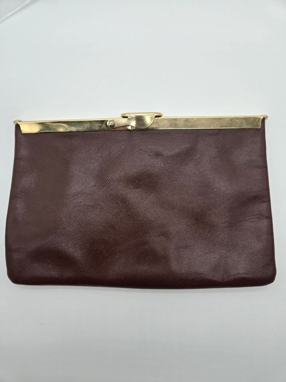 Vintage Etra Brown Genuine Leather Handbag Clutch Gold Hardware EUC